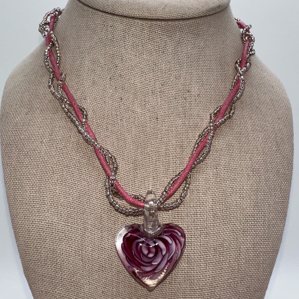 Vtg pink and purple braided and beaded cord with hand blown glass pendant
